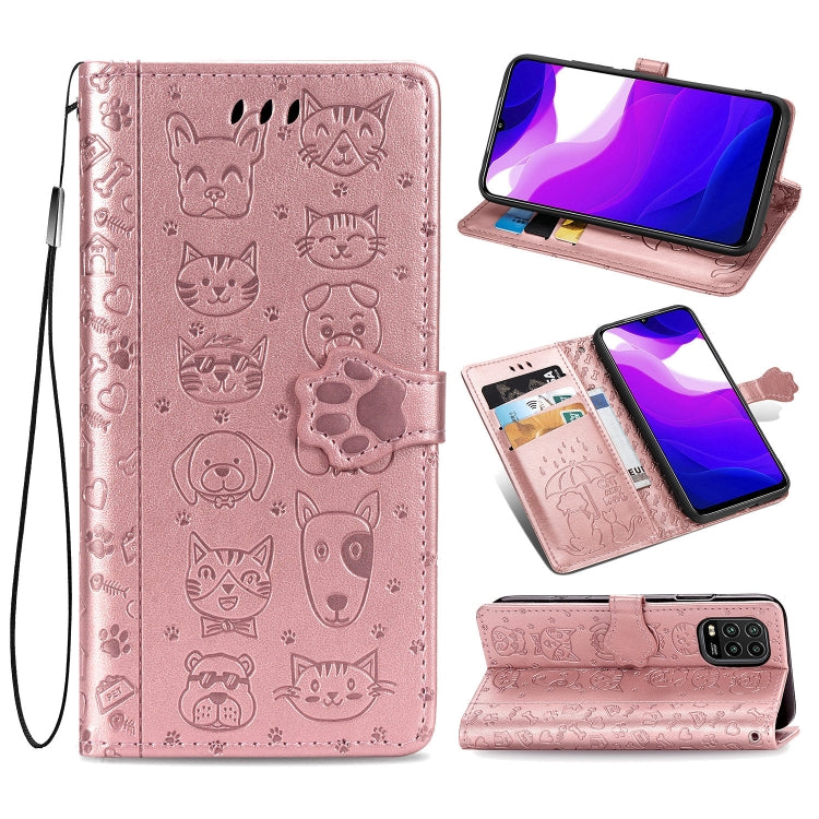 Rose pink embossed cat & dog flip leather phone case with card slots and lanyard