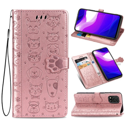 Rose pink embossed cat & dog flip leather phone case with card slots and lanyard