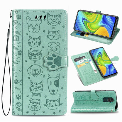 Green embossed cat and dog flip leather phone wallet case with card slots and strap