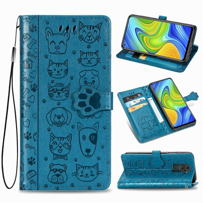 Teal-blue embossed cat and dog flip leather phone wallet case with card slots and strap