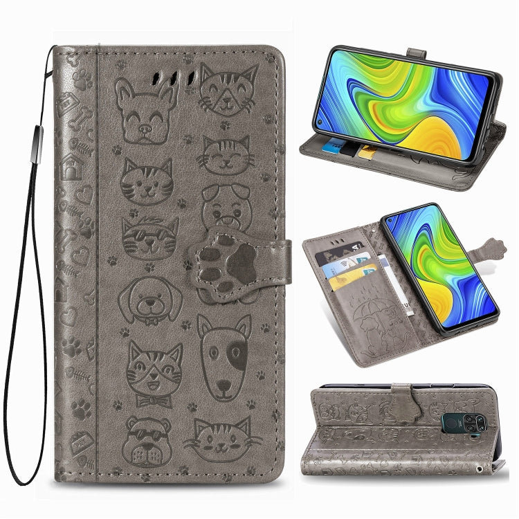 Grey embossed cat and dog flip leather phone wallet case with card slots and lanyard