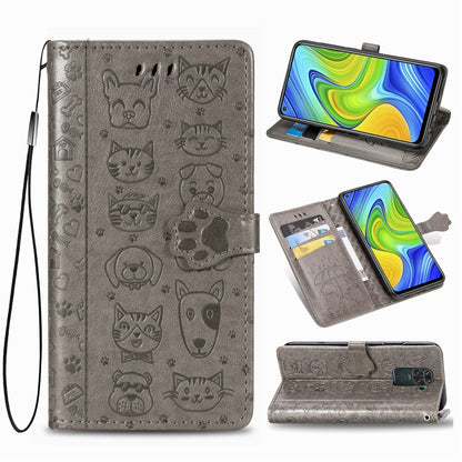 Grey embossed cat and dog flip leather phone wallet case with card slots and lanyard