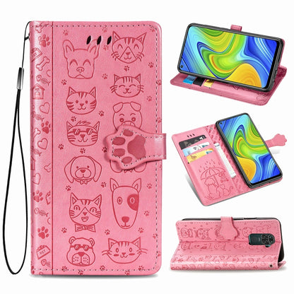 Pink embossed cat and dog flip leather phone wallet case with card slots and wrist strap