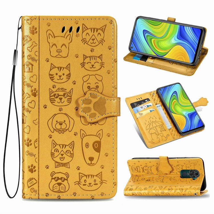 Gold cat and dog embossed wallet phone case with flip cover, card slots, and wrist strap.