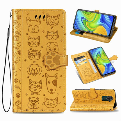 Gold cat and dog embossed wallet phone case with flip cover, card slots, and wrist strap.