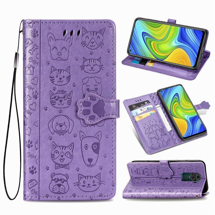 Purple cat and dog embossed wallet phone case with flip cover, card slots, and lanyard.