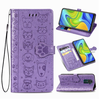 Purple cat and dog embossed wallet phone case with flip cover, card slots, and lanyard.