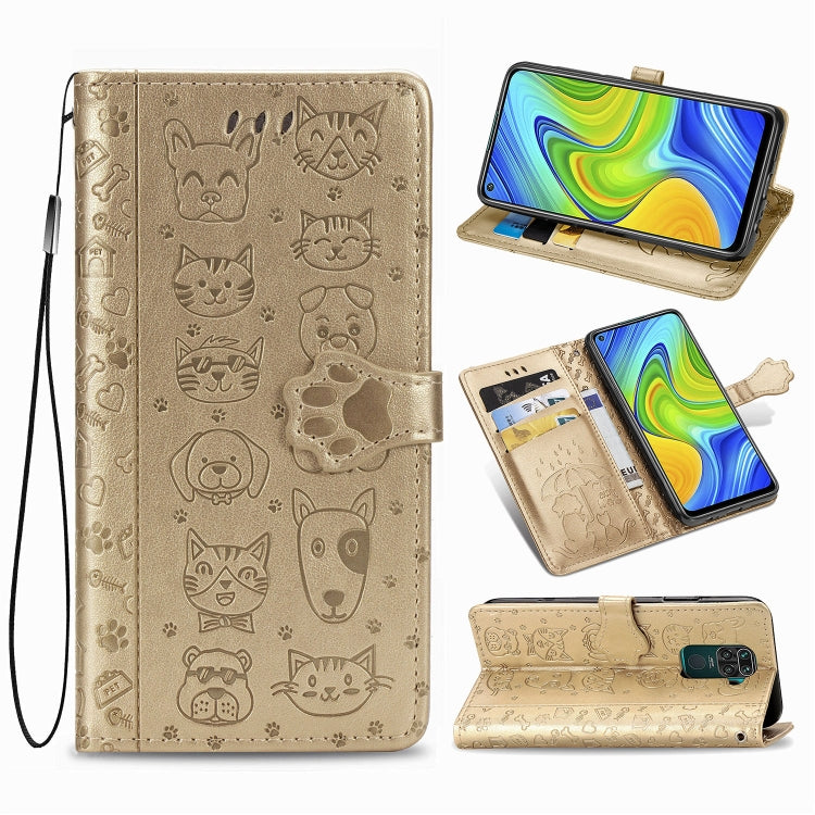 Beige cat and dog embossed wallet phone case with flip cover, card slots, and lanyard.
