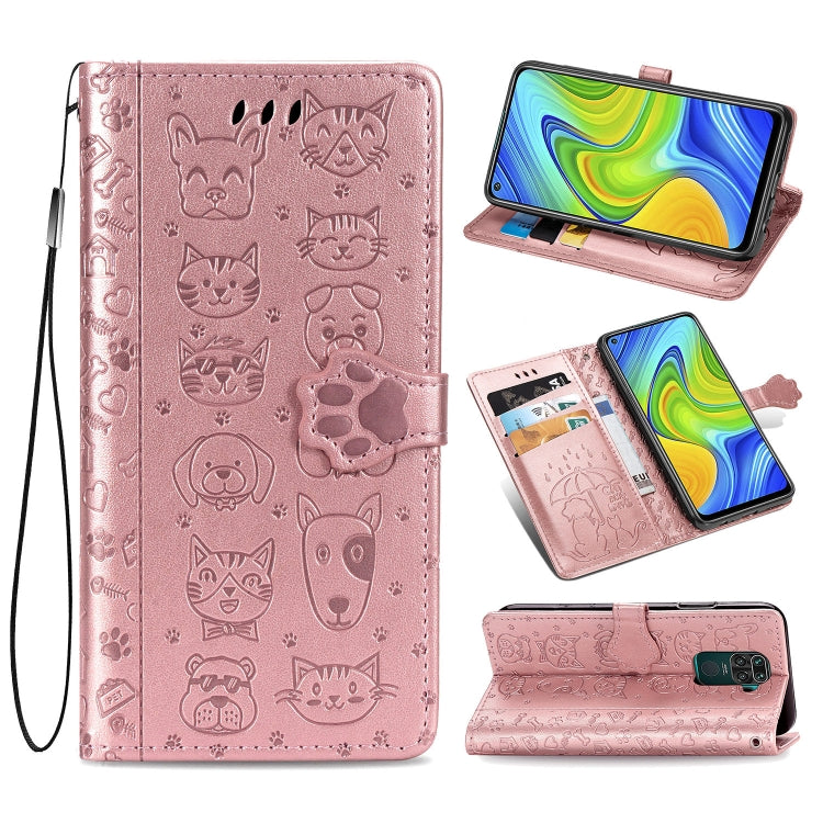 Rose pink cat and dog embossed flip leather wallet case with magnetic clasp and card holder