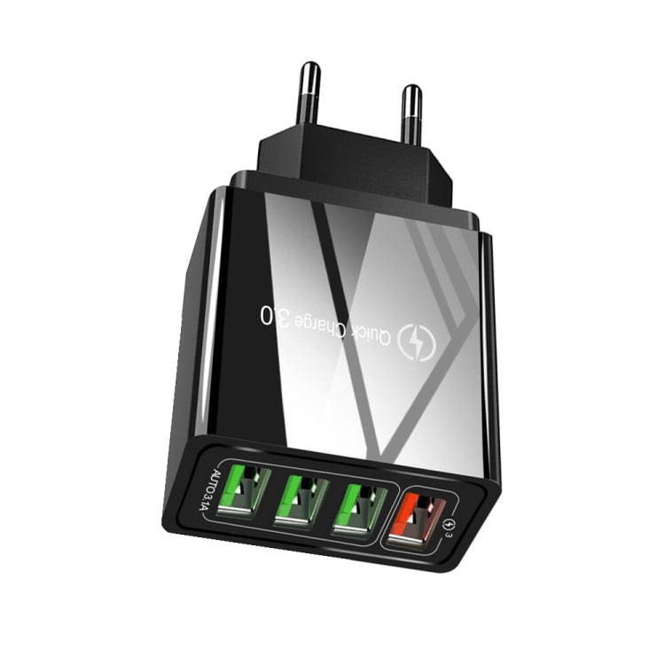 Black EU travel USB charger with side USB ports and QC 3.0 style indicator lights