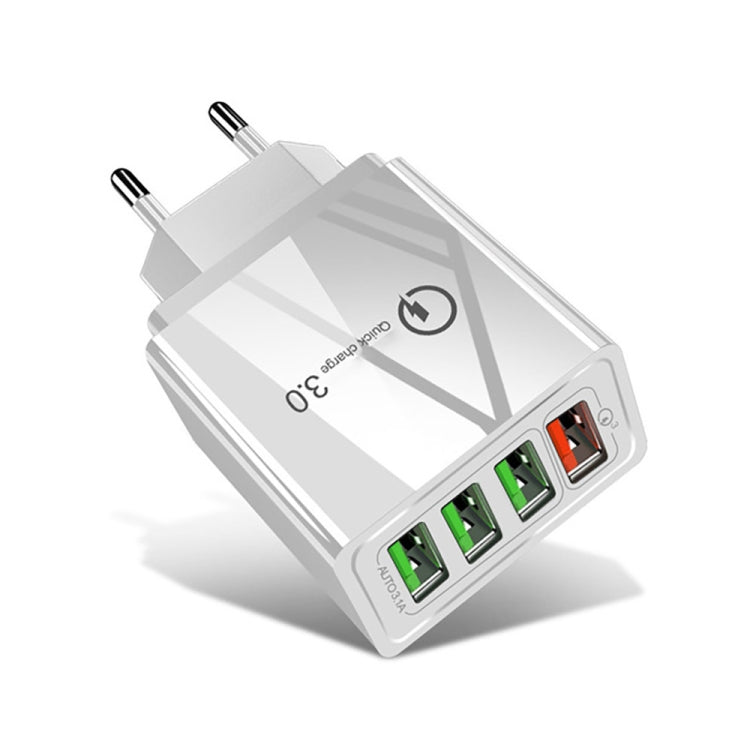 White EU USB charger with four ports and QC 3.0 fast charging support