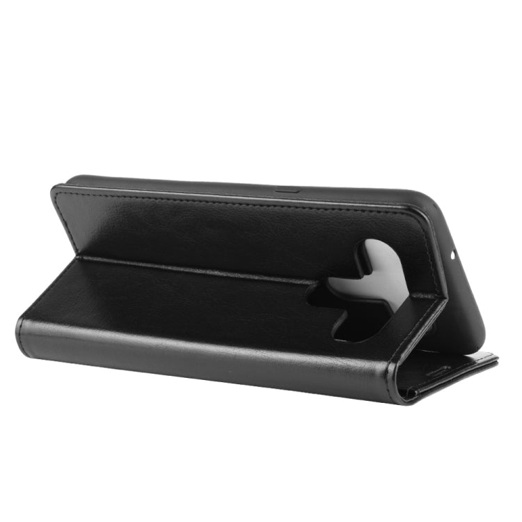 Black textured flip phone wallet case with fold-out stand for hands-free viewing
