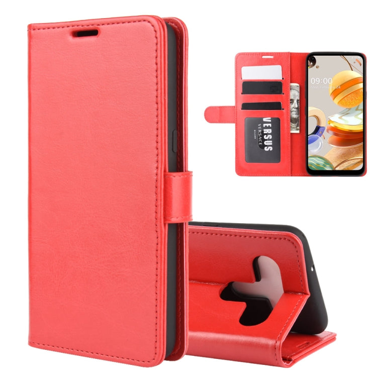 Red leather-style wallet flip phone case with card slots and kickstand