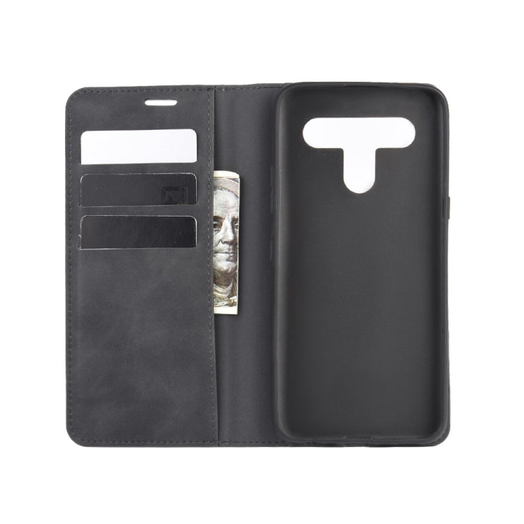 Black leather-look phone folio case open view with card slots and magnetic closure flap
