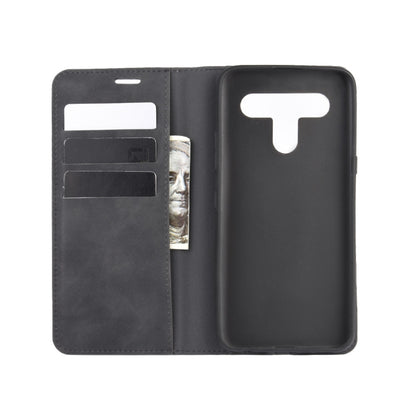 Black leather-look phone folio case open view with card slots and magnetic closure flap