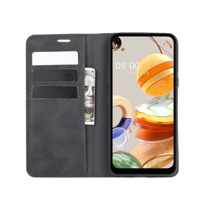 Black leather-look folio case with card slots and phone fitted, showing front cutout