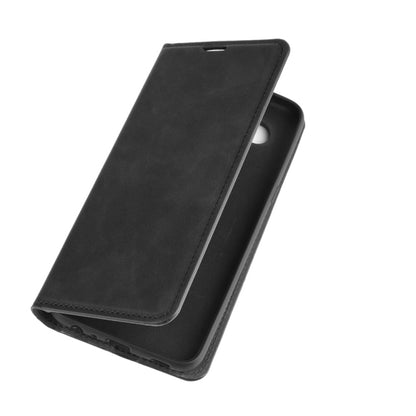 Black leather-look flip case with front cover flap closed and side cutouts