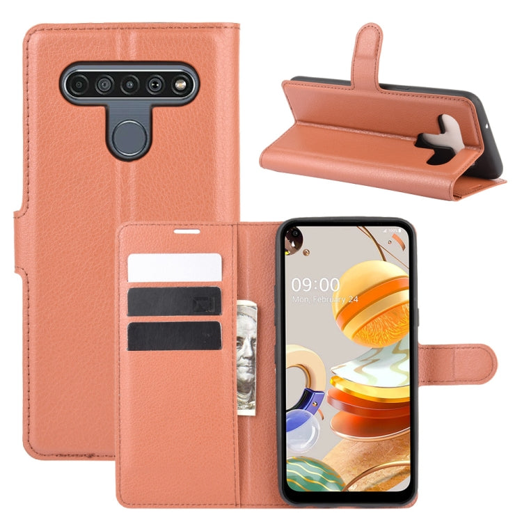 Brown wallet flip phone case with card slots, protective cover, and side holder for LG K61.