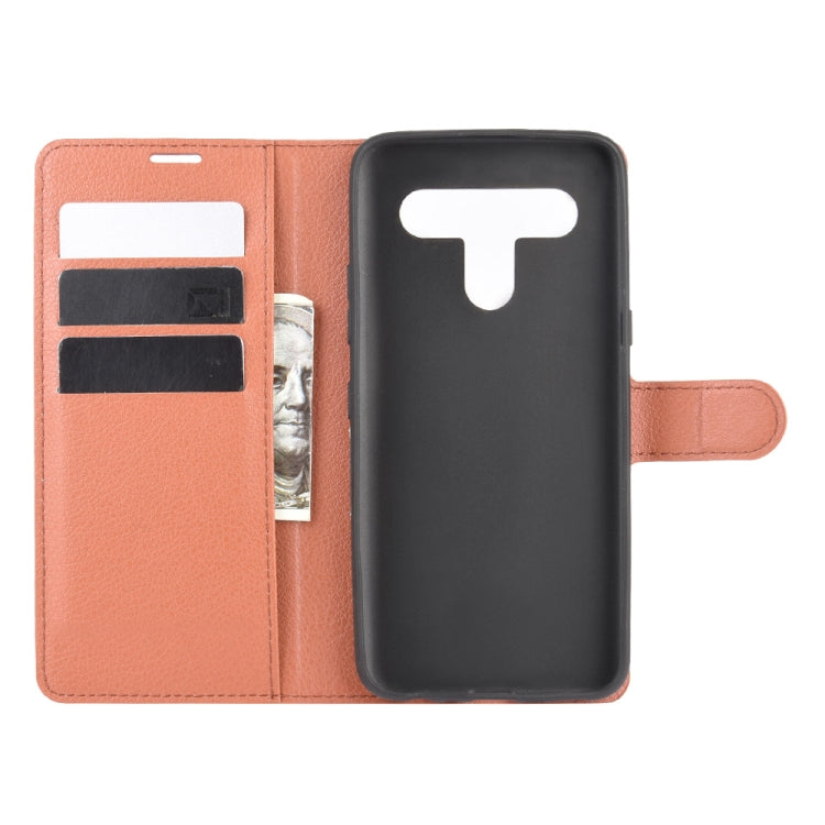 Brown wallet flip phone case with card slots, protective cover, and phone back cutout for LG K61.