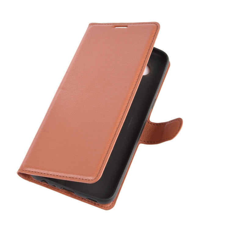 Brown leather-look wallet flip phone case with side strap and screen cover for LG K61.