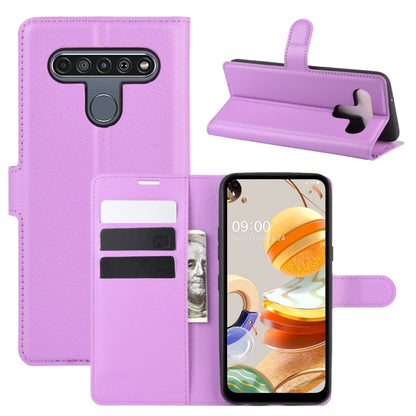 Purple litchi-texture LG K61 flip wallet case with card slots and stand holder