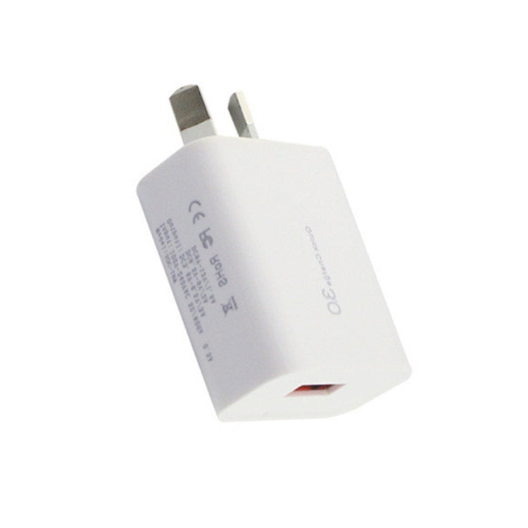 White QC 3.0 single-USB wall charger with AU plug and USB port opening