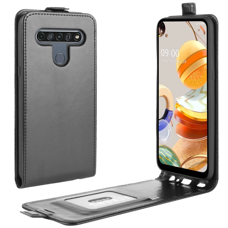 Black leather flip phone case for LG K61 with card slots and photo frame window