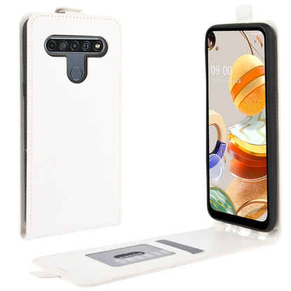 White leather flip phone case for LG K61 with card slots and photo frame window