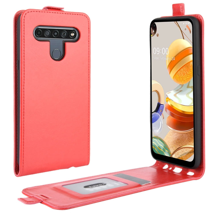 Red leather flip phone case for LG K61 with card slots and photo frame window