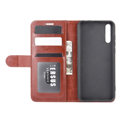 Brown wallet flip phone case with card slots, phone back shown