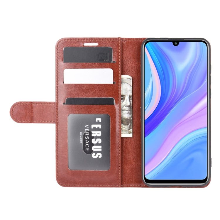 Brown flip phone case with card holder and wallet flap, closed with phone front