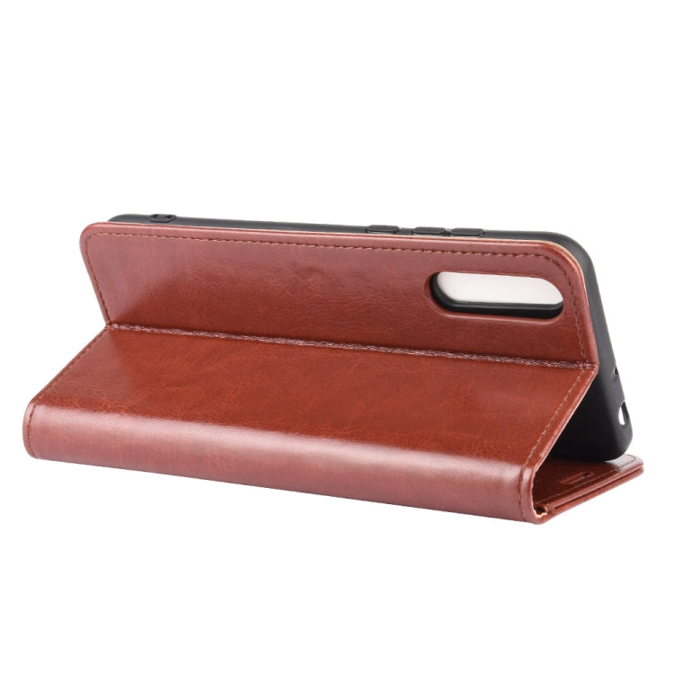 Brown stand-style flip phone case with side grip flap