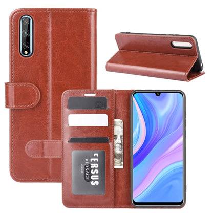 Brown flip phone case shown closed and open, with card slots and strap