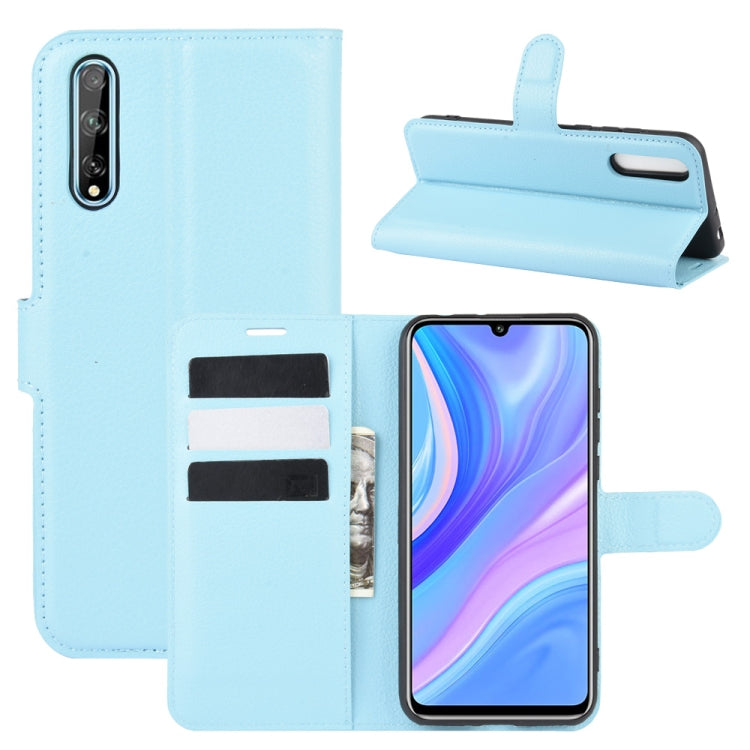 Light blue flip protective phone case with card slots and side camera cutout