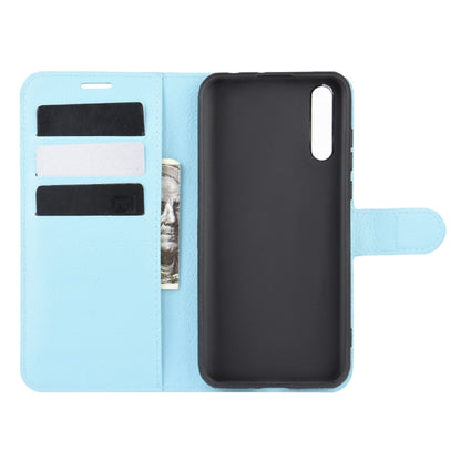 Light blue wallet flip case with three card slots and black phone back cover