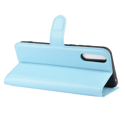 Light blue folio flip phone case with front handle and protective front cover