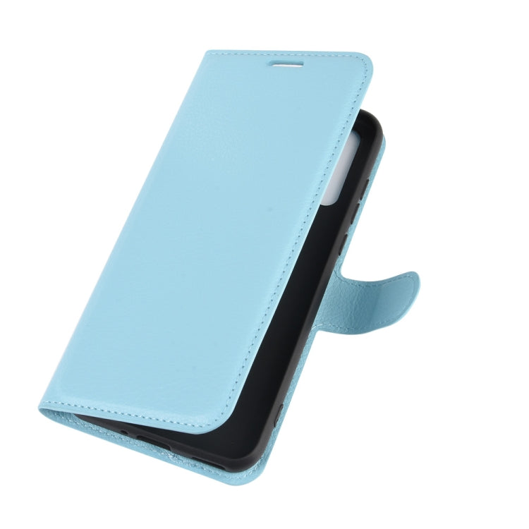 Light blue flip wallet case with angled folio cover and cutouts for phone ports