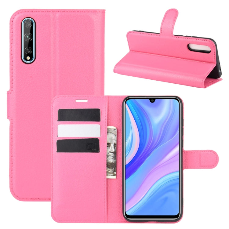 Pink litchi-texture flip phone case with card slots and stand, for Huawei Y8p
