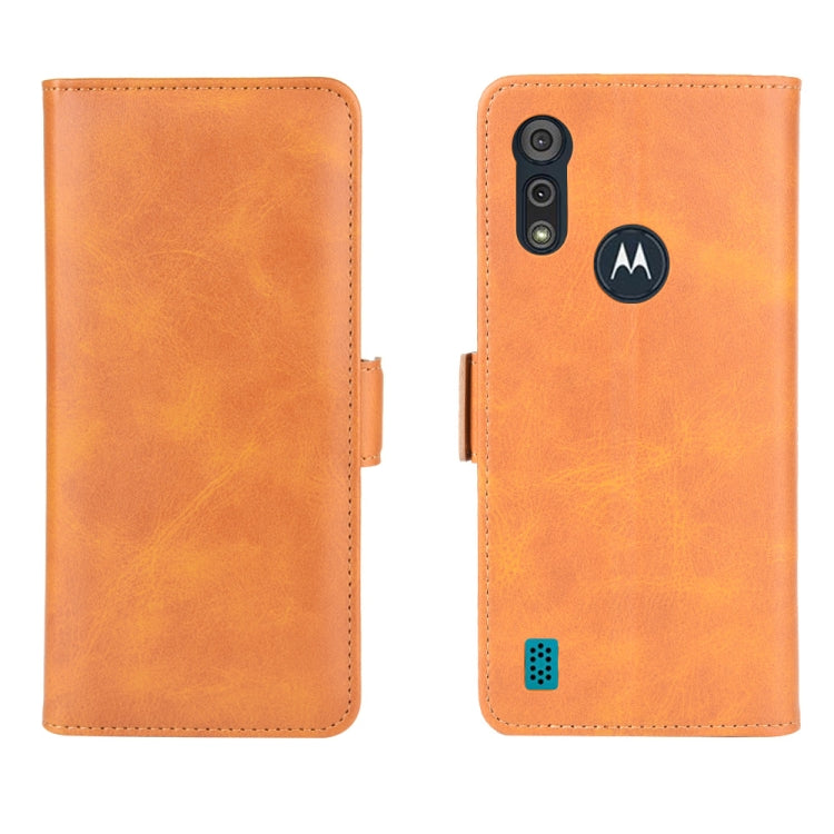 Orange leather wallet flip case for phone, with cutouts and camera protection