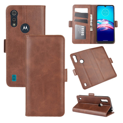 Brown leather Moto E6s (2020) flip case with magnetic buckle, card slots, and stand