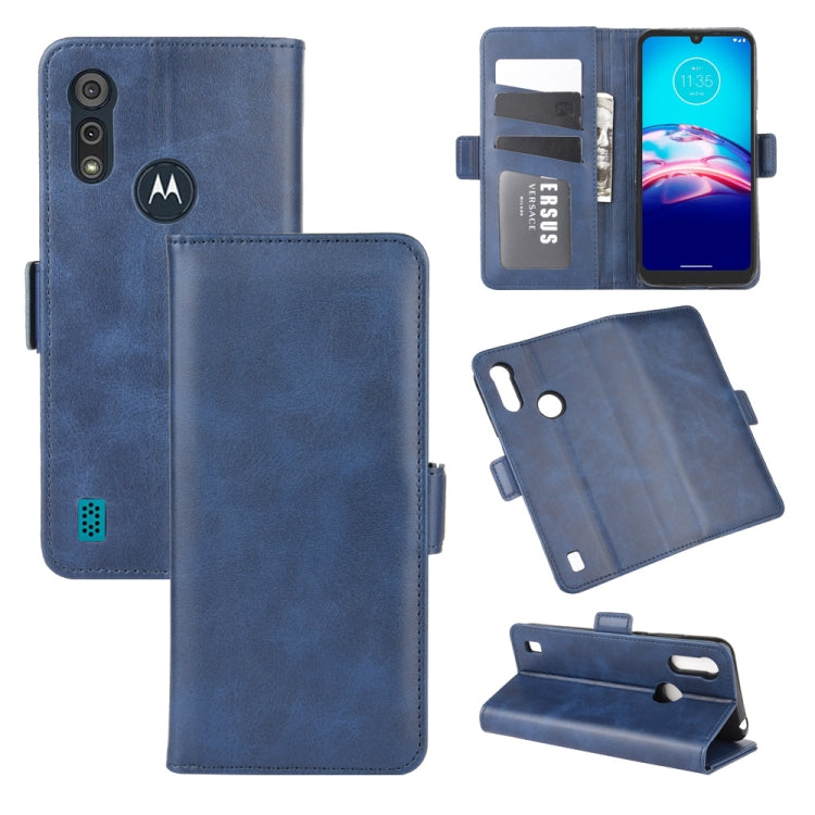 Dark blue leather Moto E6s (2020) flip case with magnetic buckle, card slots, and stand