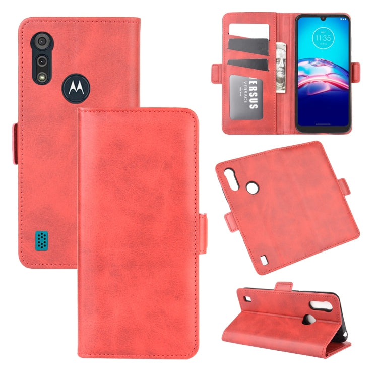 Red leather Moto E6s (2020) flip case with magnetic buckle, card slots, and stand
