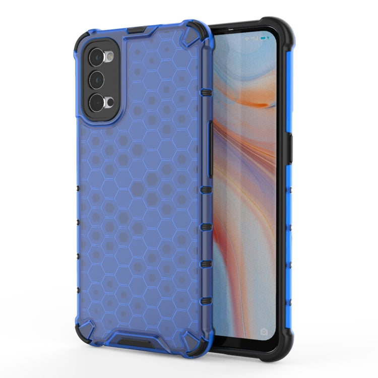 Blue honeycomb shockproof phone case with TPU bumper and camera cutouts for OPPO Reno 4 Pro