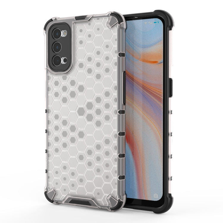 Shockproof honeycomb phone case with white hex pattern and black bumper, for OPPO Reno