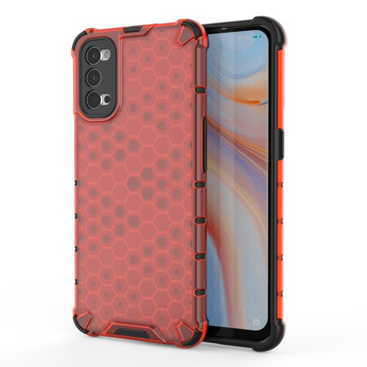 Shockproof honeycomb phone case with red hex pattern and black TPU bumper for OPPO Reno4