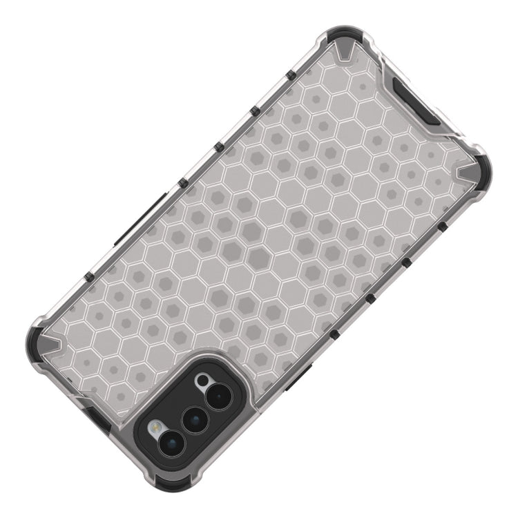 Honeycomb phone case with gray hex pattern and raised shockproof corner bumpers