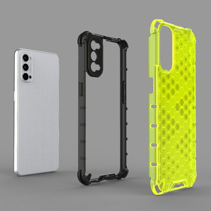Shockproof honeycomb phone cases set: black, clear, and neon yellow with hex pattern shells