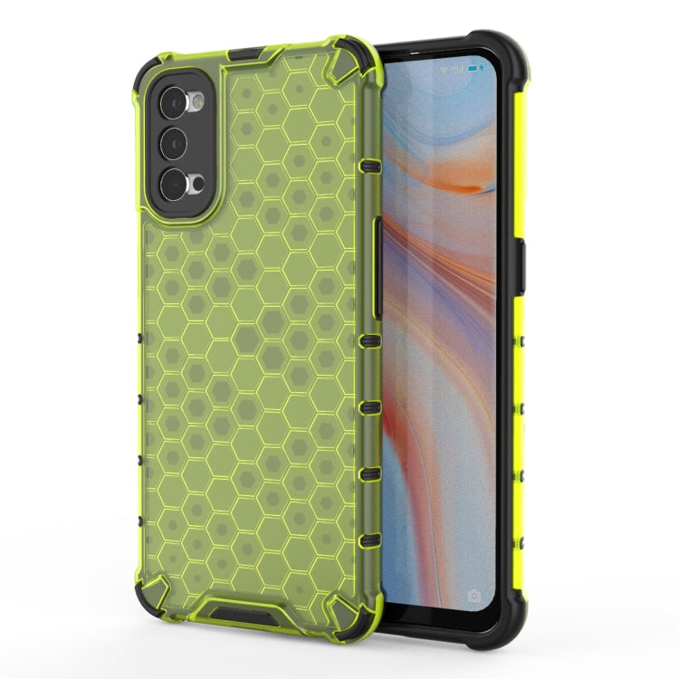 Shockproof honeycomb phone case with neon yellow hex pattern and black TPU bumper for OPPO Reno4