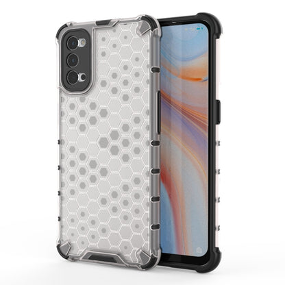 Shockproof honeycomb phone case with white hex pattern and clear TPU bumper for OPPO Reno4