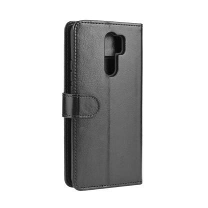 Black leather-style flip case for Xiaomi Redmi 9 with camera cutout and wrist strap